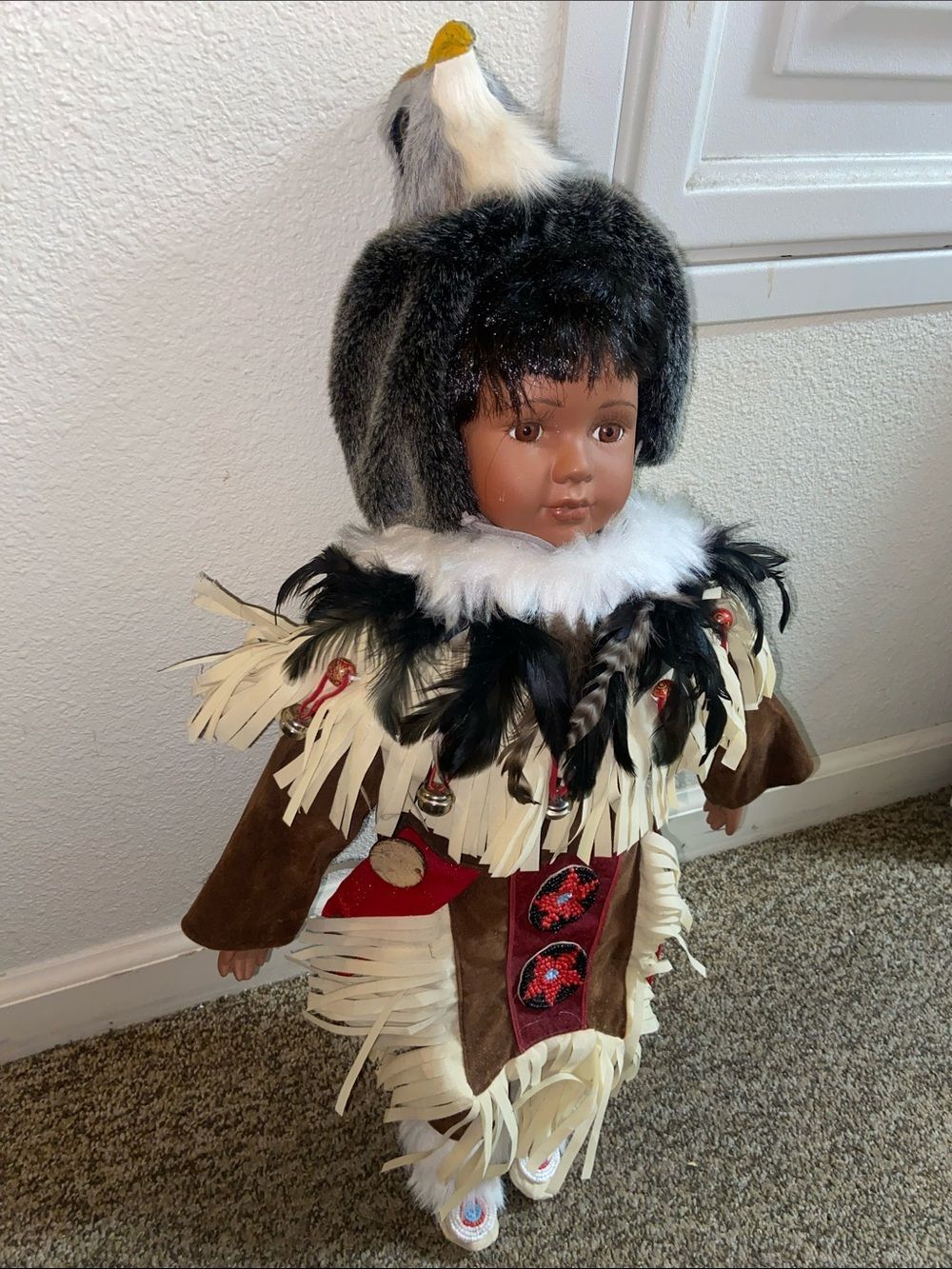 Native Style Doll with Feathered Trim - Brown & Cream